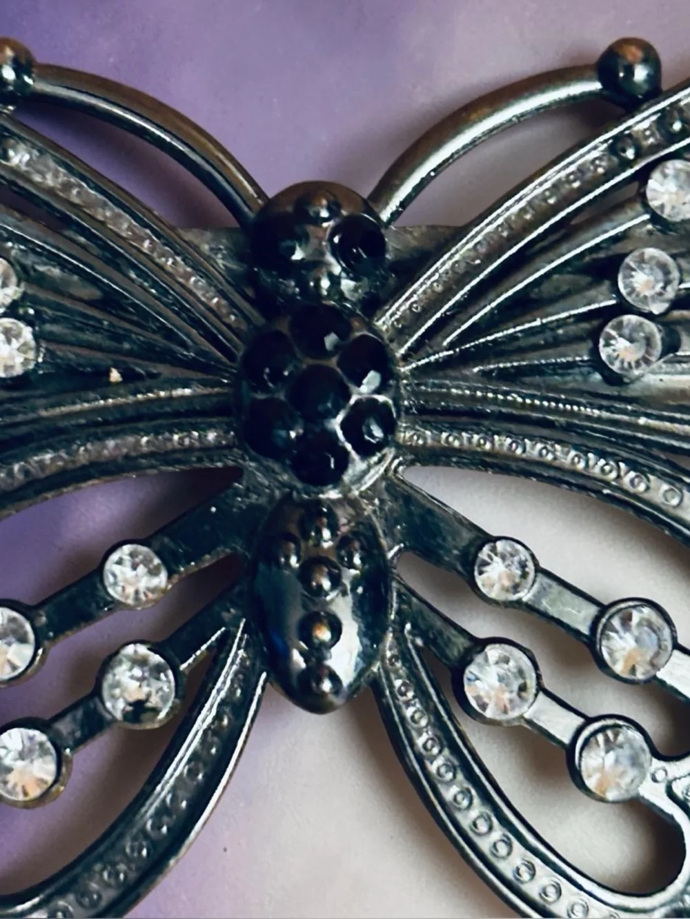 Vtg Butterfly Hair Barrette Metal With Rhinestone Accents 4x2” Black Silver